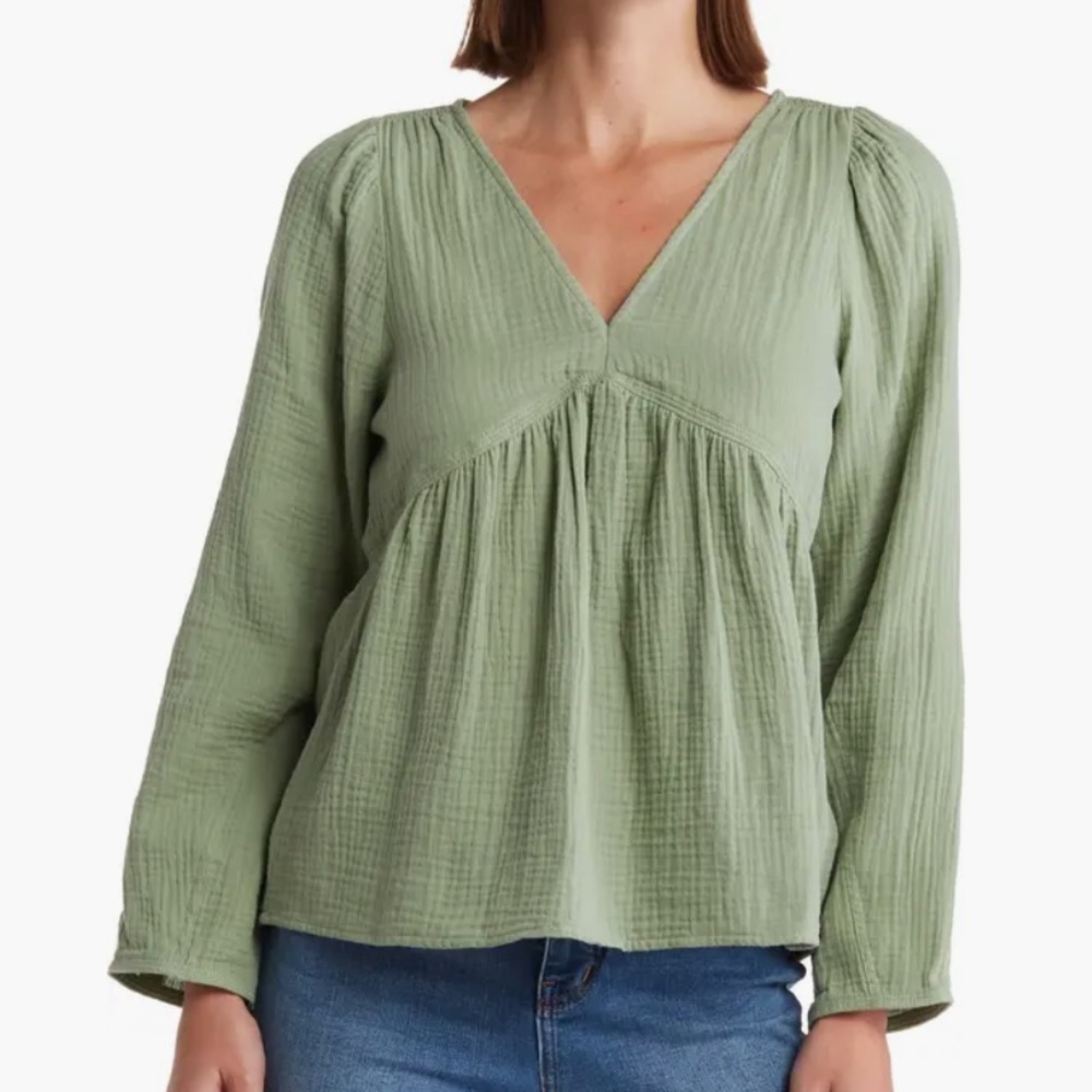 Madewell lightspun peasant top green long sleeve blouse